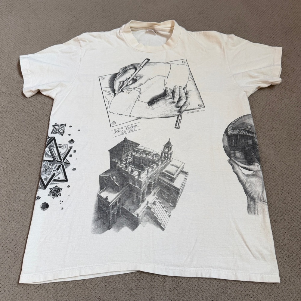 Vintage 1989 M.C. Escher Multi Print Art T-Shirt Stedman White Size L 80s